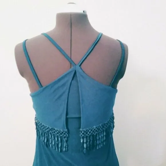 Jon & Anna Womens Small Teal Strappy Sleeve Fringe Tassels A-Line Maxi Dress - Picture 3 of 6